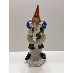 Vintage Fine Bisque Porcelain Figurine Clown Blowing Horn Lace Trim